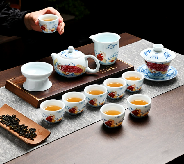 Chinese Hand-Painted Sheep Fat Jade High-End Tea Set